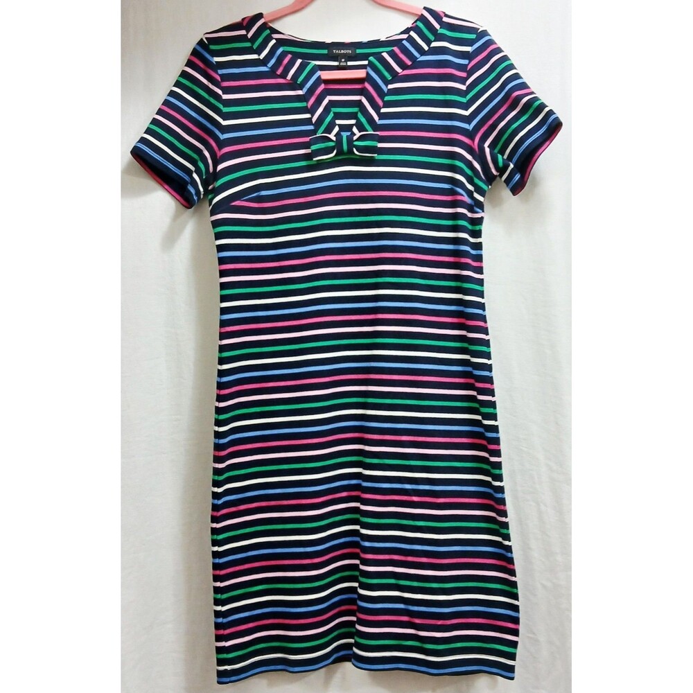 Talbots Striped Bow Shift Dress 100% Cotton S/S Navy Blue Pink Yellow Medium EUC